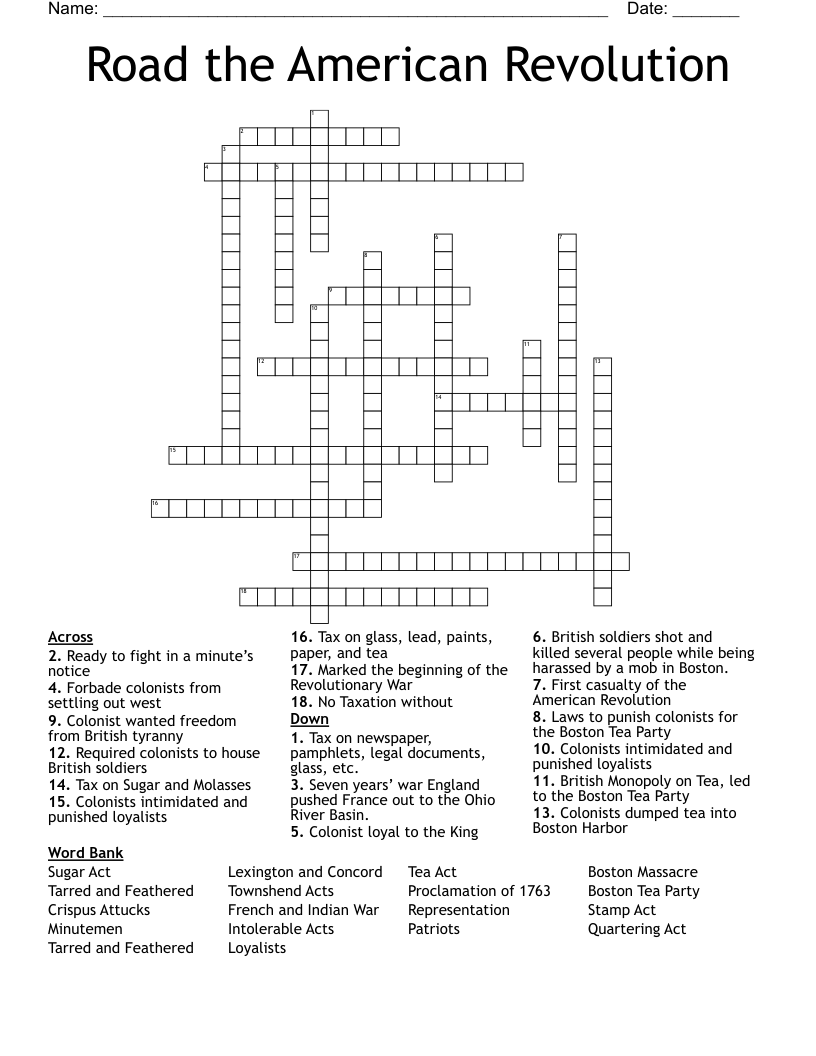 Road the American Revolution Crossword