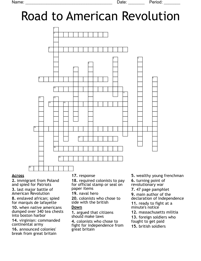 Road to American Revolution Crossword