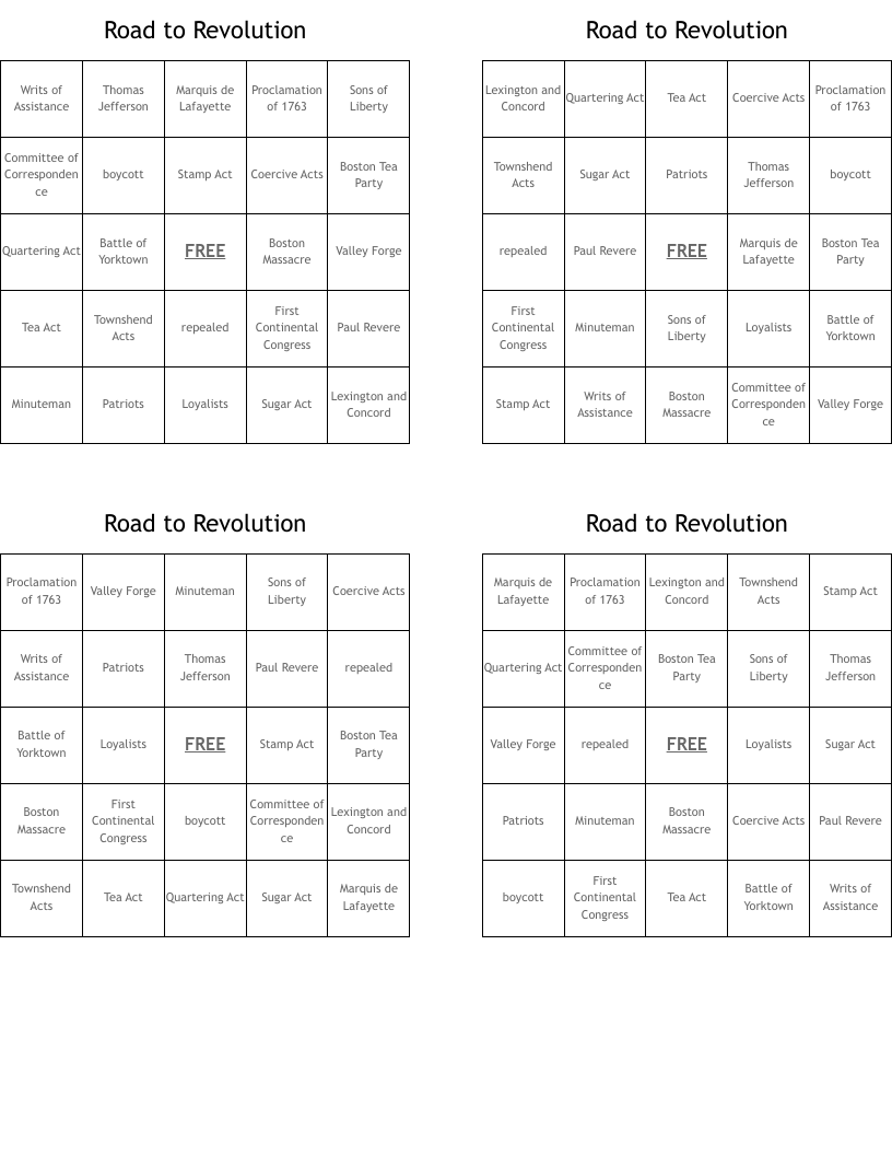 Road to Revolution Bingo Cards