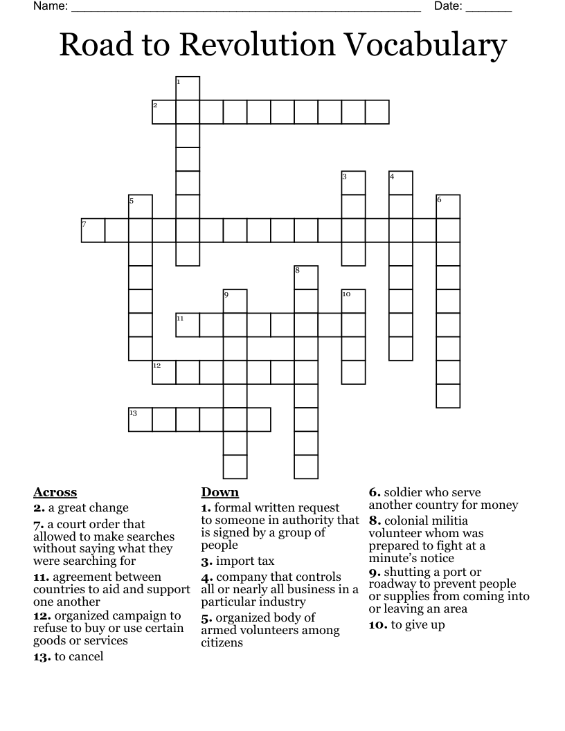 Road to Revolution Vocabulary Crossword