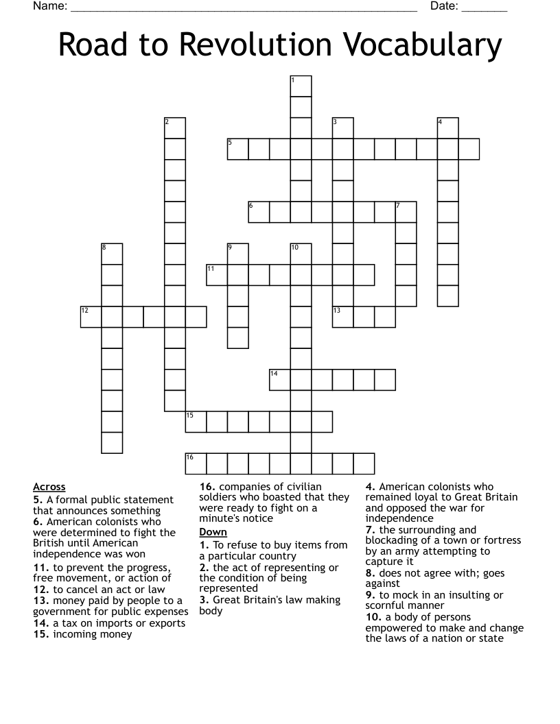 Road to Revolution Vocabulary Crossword