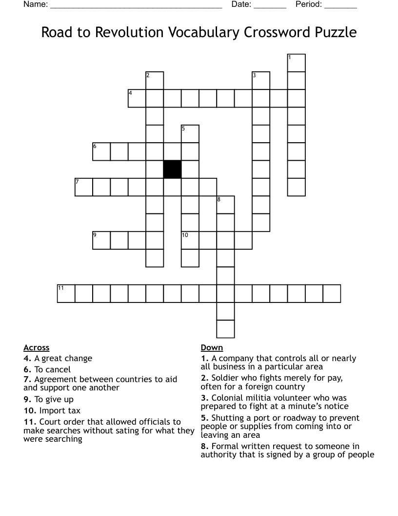 Road to Revolution Vocabulary Crossword Puzzle