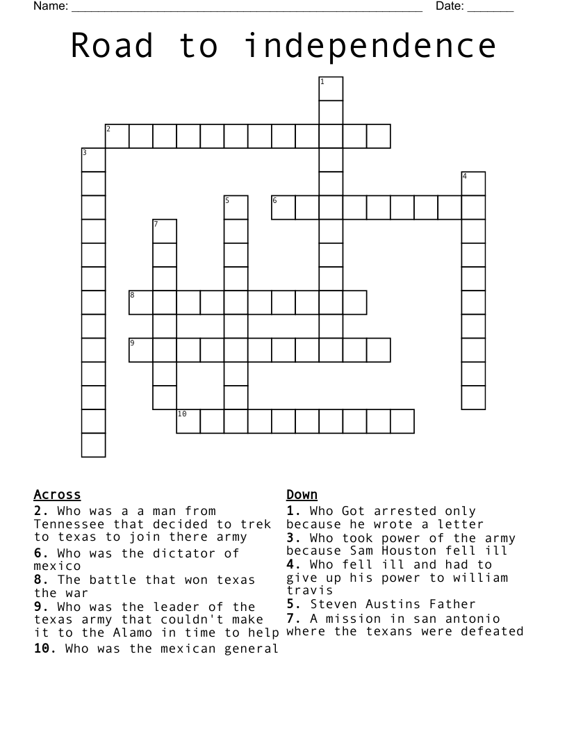 Road to independence Crossword