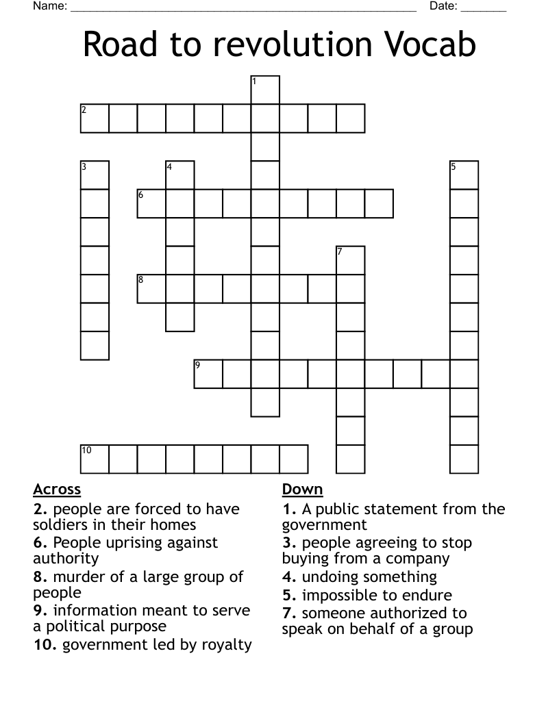 Road to revolution Vocab Crossword