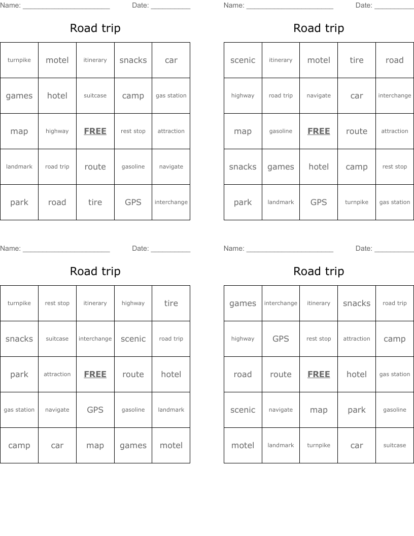 Road trip Bingo Cards