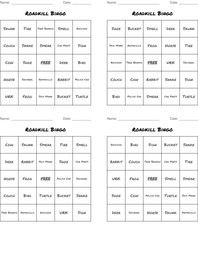Roadkill Bingo