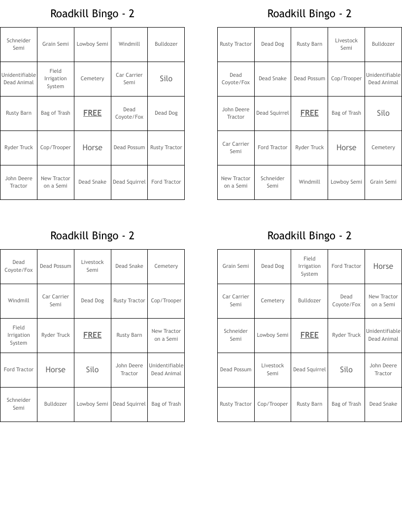 Roadkill Bingo - 2