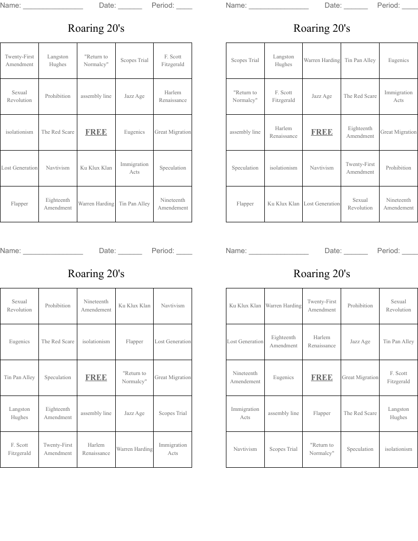 Roaring 20's Bingo Cards