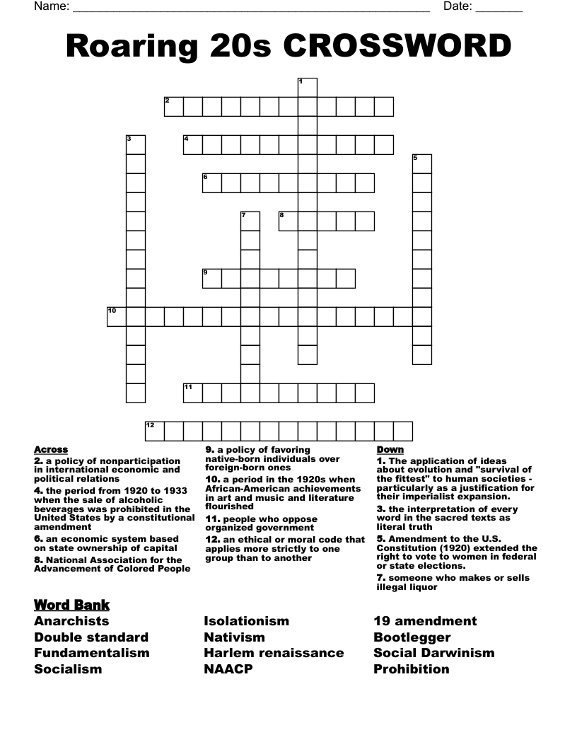 Roaring 20s CROSSWORD 
