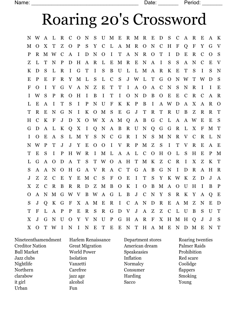 Roaring 20's Crossword Word Search
