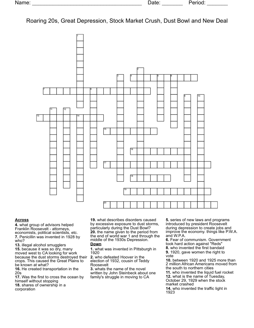 Roaring 20s, Great Depression, Stock Market Crush, Dust Bowl and New Deal Crossword