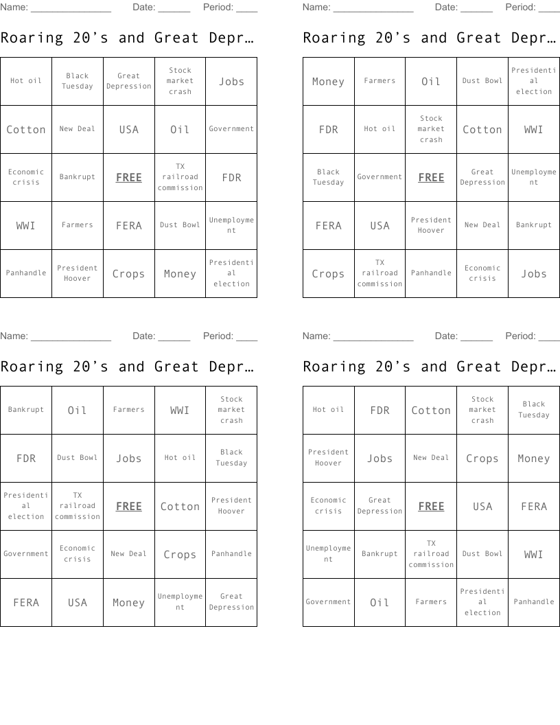 Roaring 20’s and Great Depression Bingo Cards