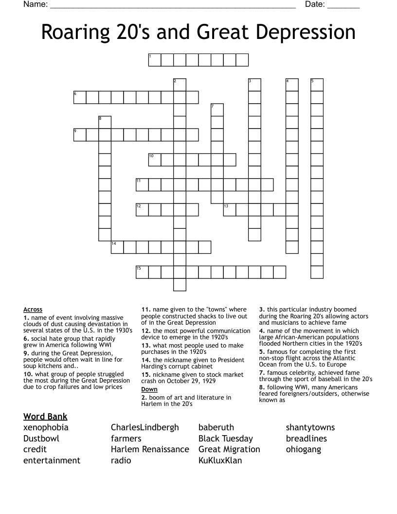 Roaring 20's and Great Depression Crossword