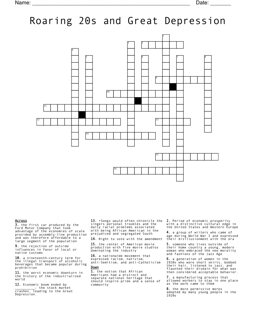 Roaring 20s and Great Depression  Crossword