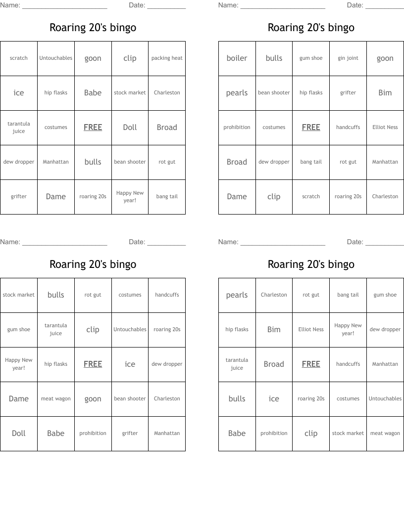 Roaring 20's bingo