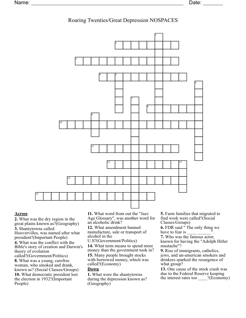 Roaring Twenties/Great Depression                                                              NOSPACES Crossword