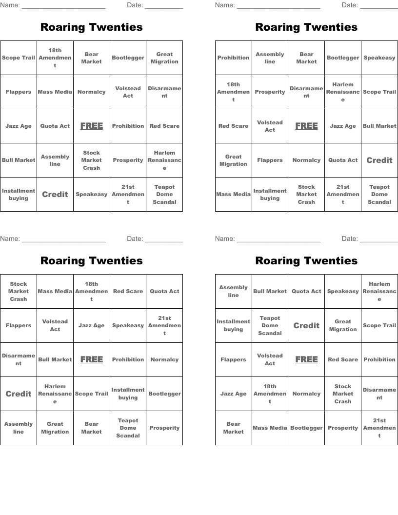 Roaring Twenties Bingo Cards