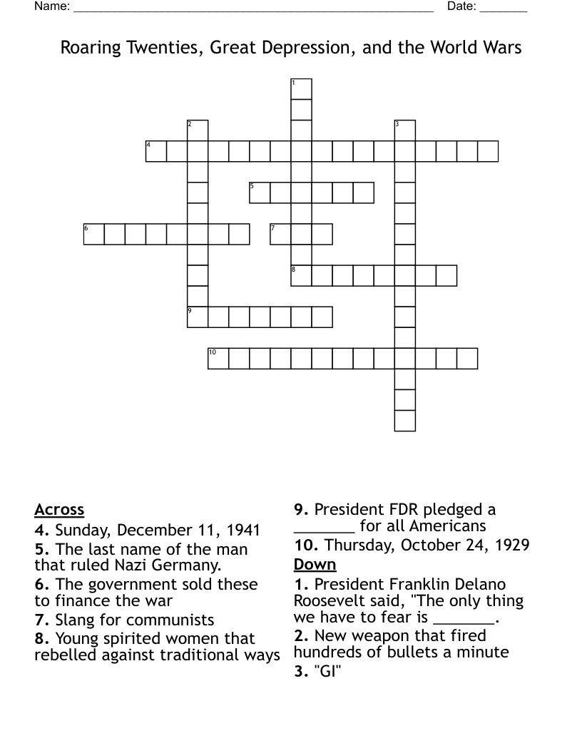 Roaring Twenties, Great Depression, and the World Wars Crossword