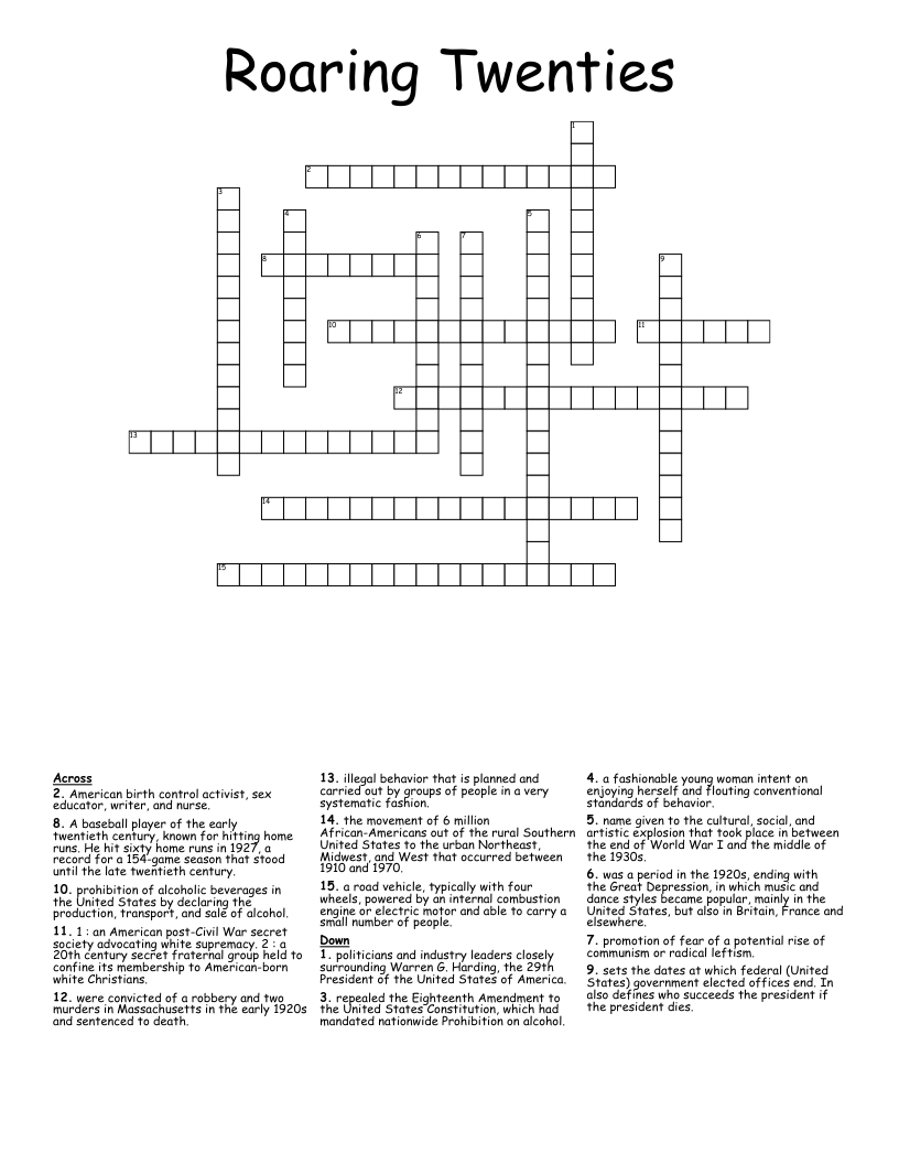 Roaring Twenties  Crossword
