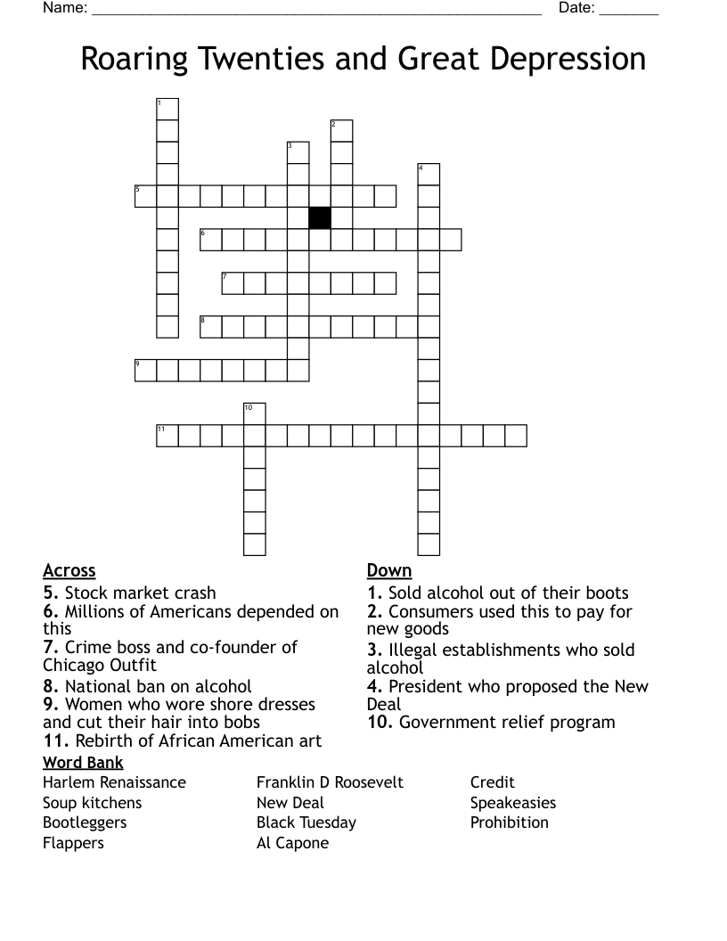 Roaring Twenties and Great Depression  Crossword