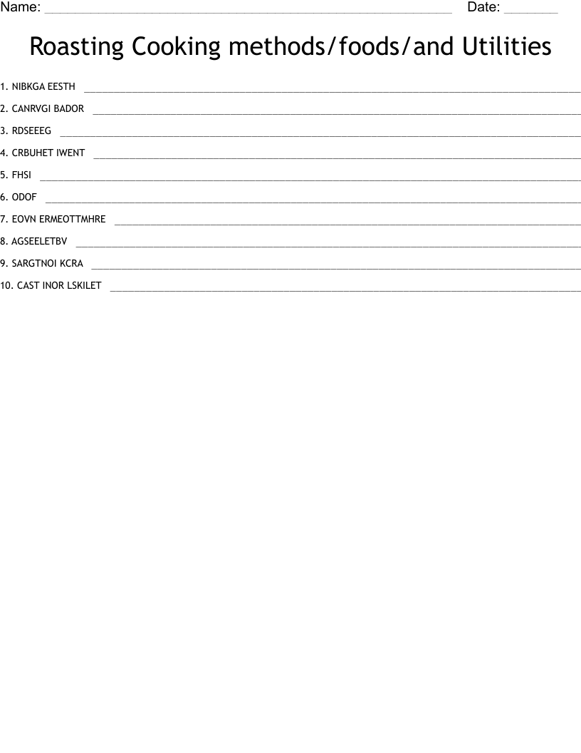 Roasting Cooking methods/foods/and Utilities Word Scramble