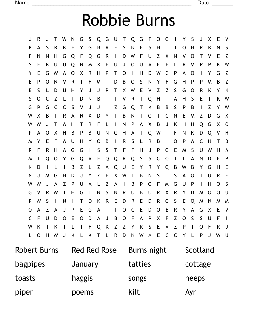 Robbie Burns Word Search