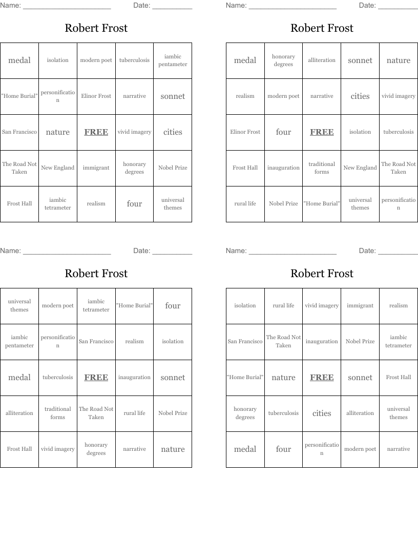 Robert Frost Bingo Cards