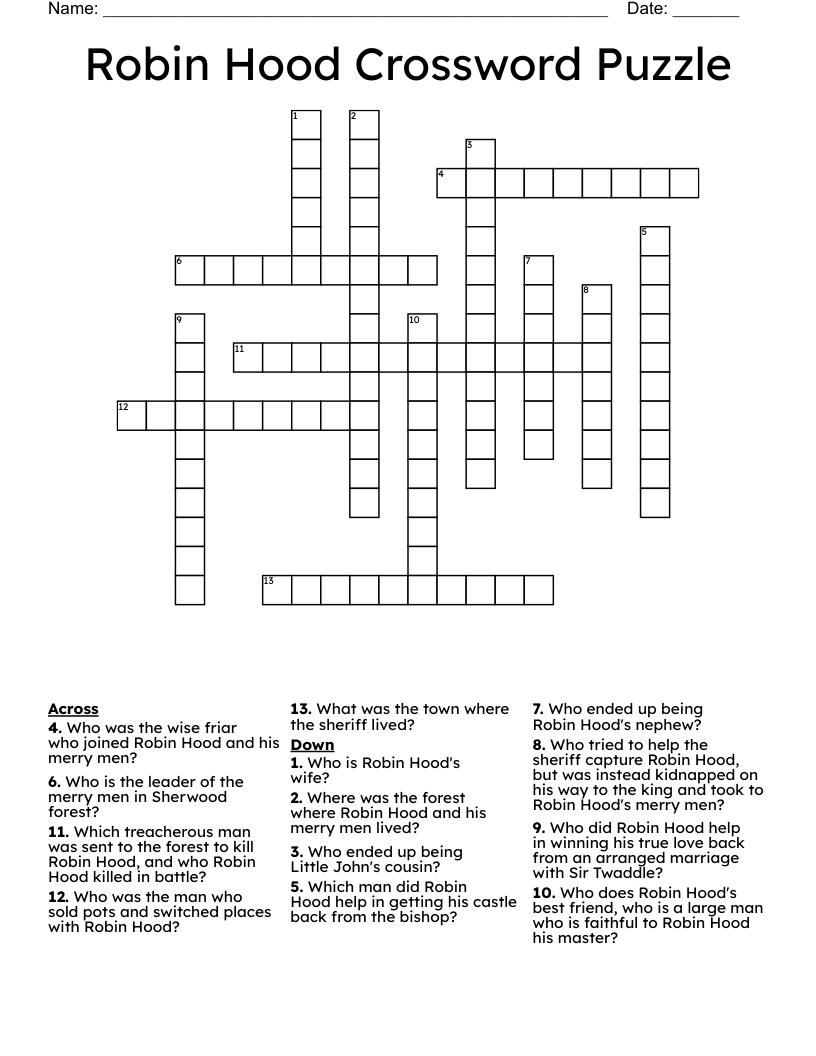 Robin Hood Crossword Puzzle