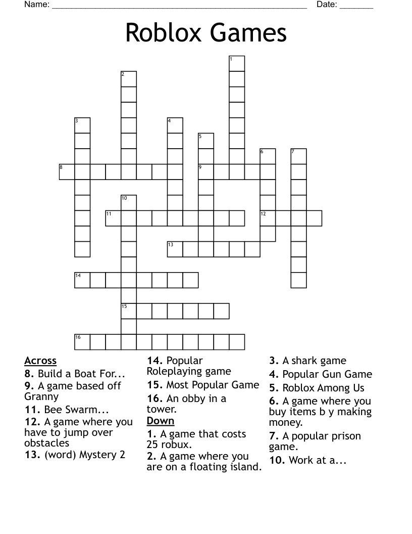 Roblox Games Crossword