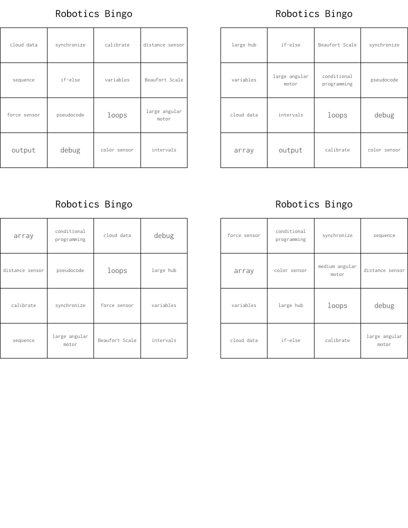 Robotics Bingo