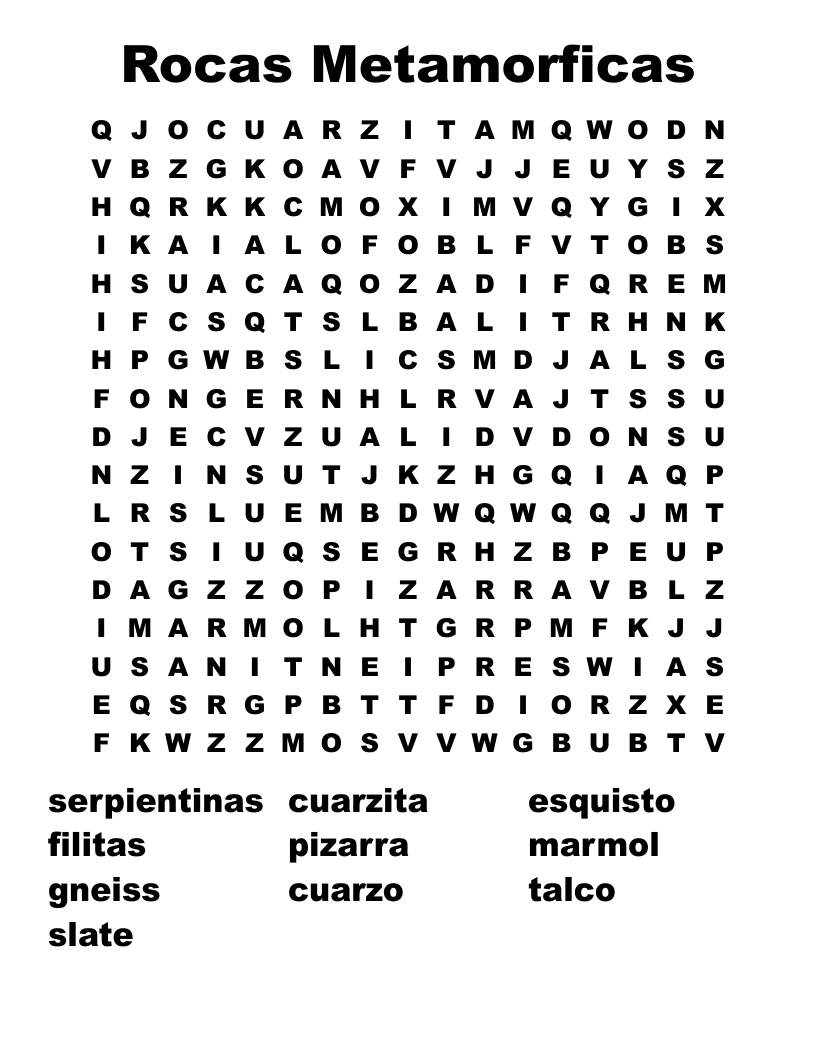 Rocas Metamorficas Word Search
