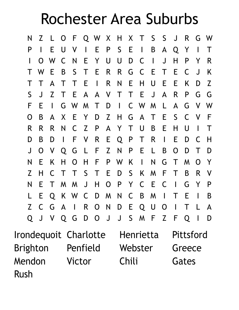 Rochester Area Suburbs Word Search