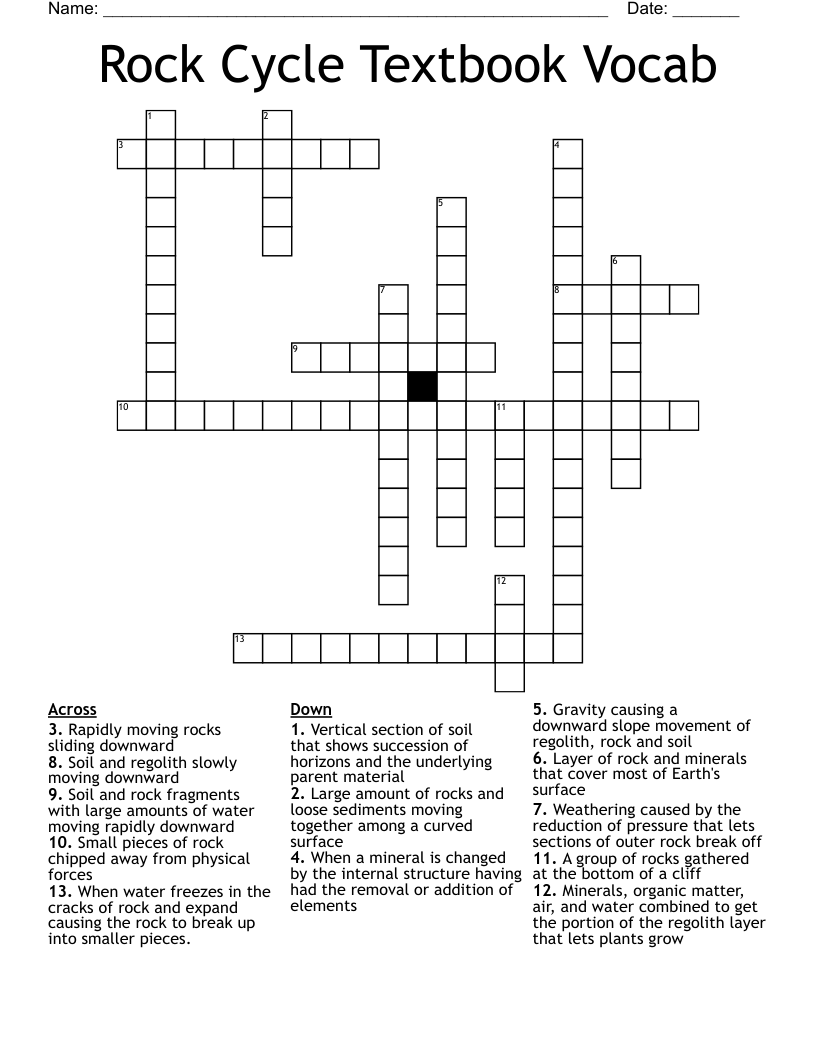 Rock Cycle Textbook Vocab Crossword