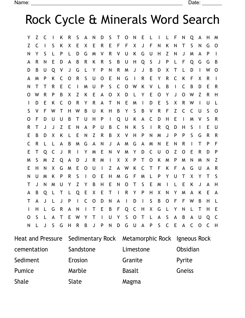 Rock Cycle & Minerals Word Search