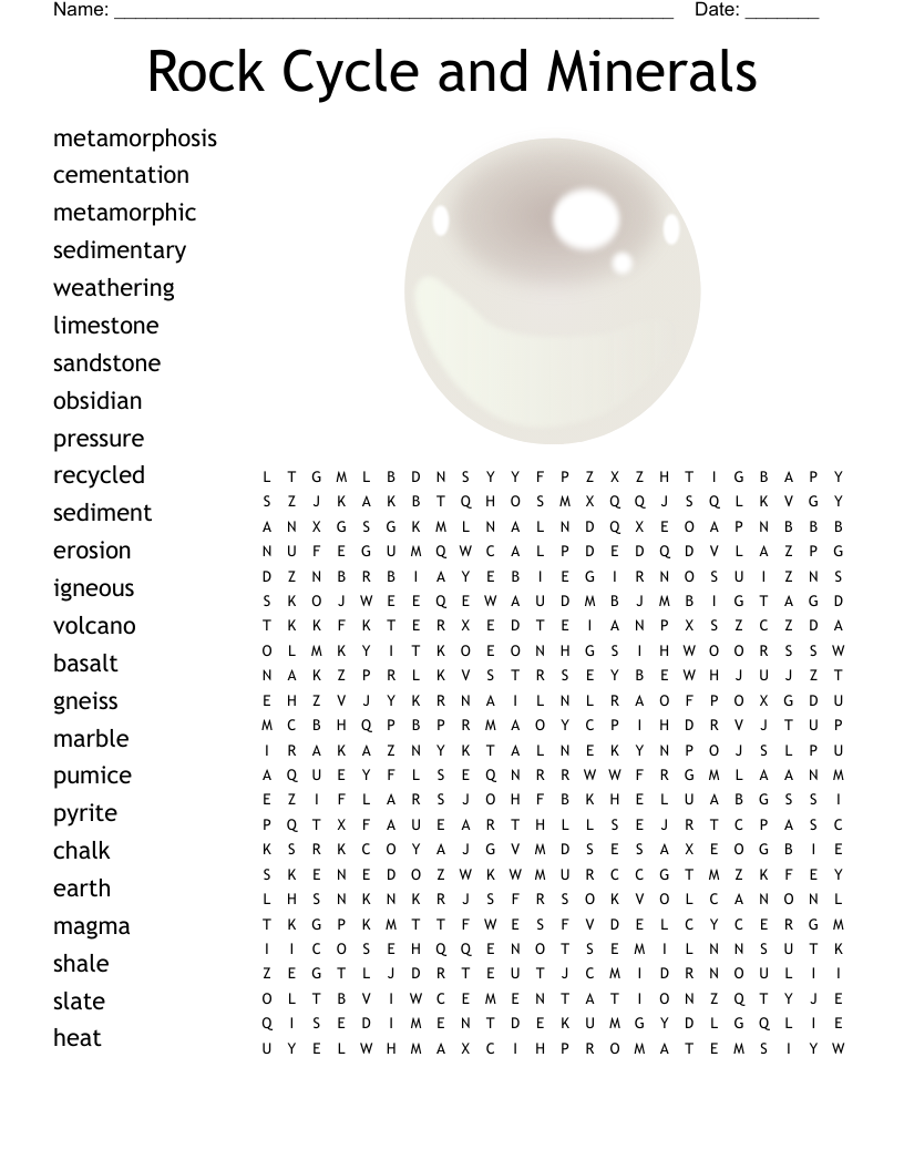 Rock Cycle and Minerals Word Search
