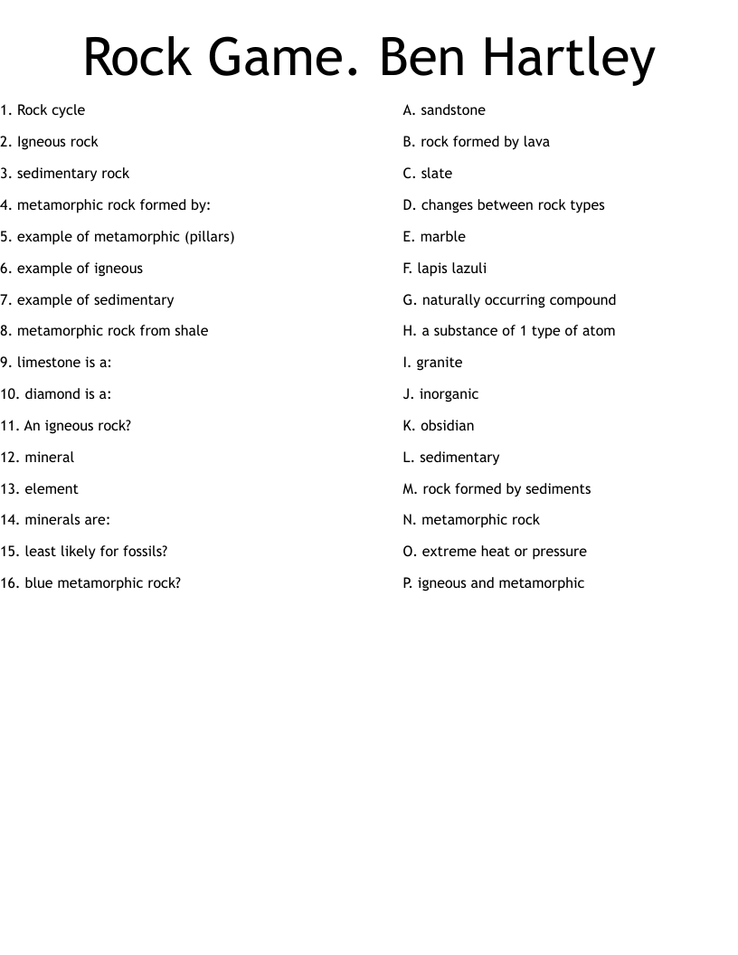 Rock Game. Ben Hartley Worksheet