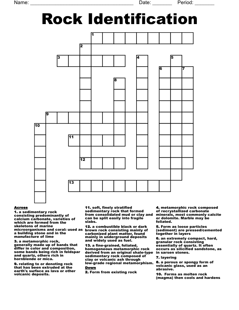 Rock Identification Crossword