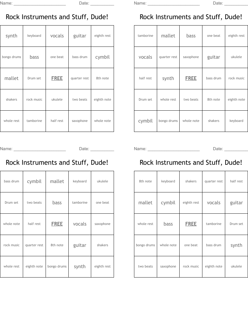 Rock Instruments and Stuff, Dude! Bingo Cards