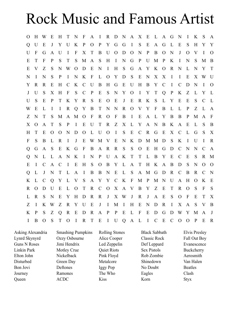 Rock Music and Famous Artist Word Search