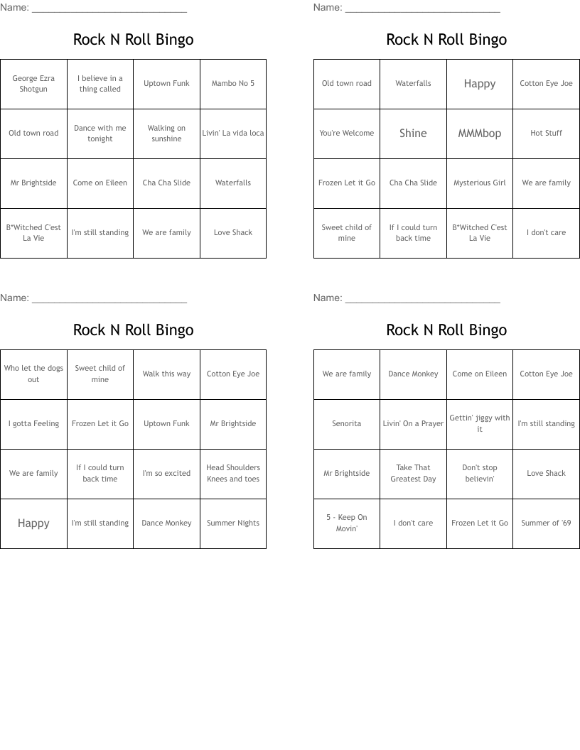 Rock N Roll Bingo
