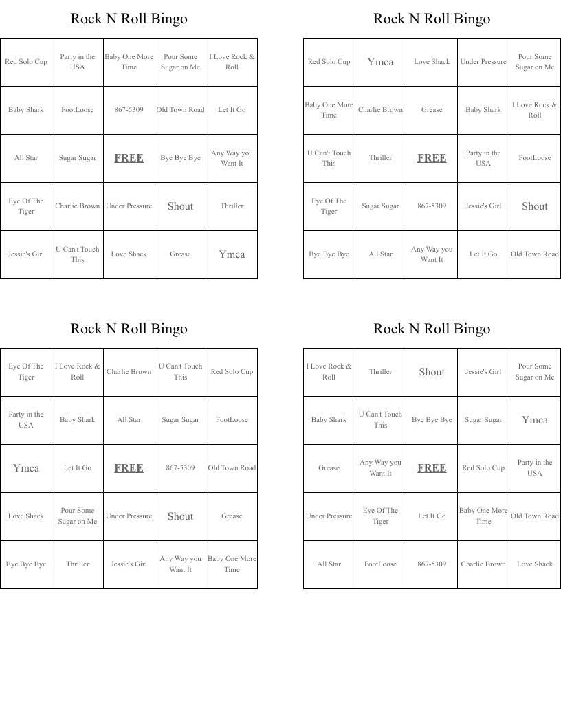 Rock N Roll Bingo 