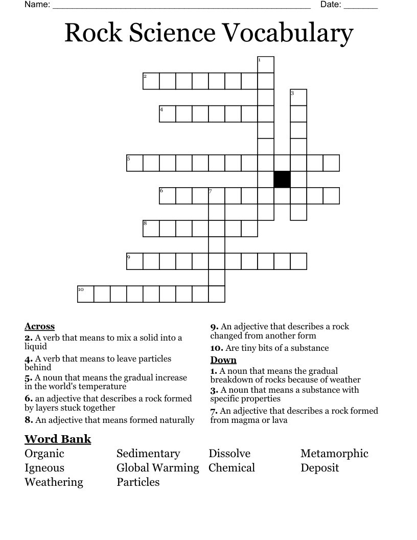 Rock Science Vocabulary Crossword