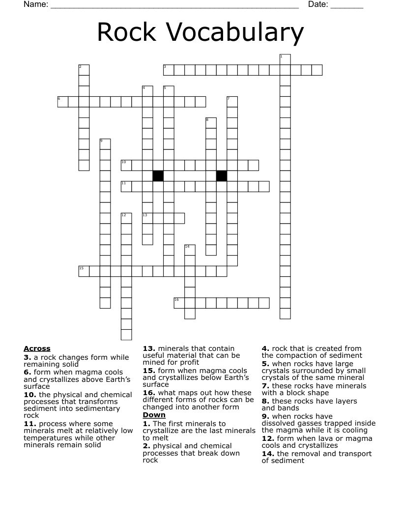 Rock Vocabulary Crossword