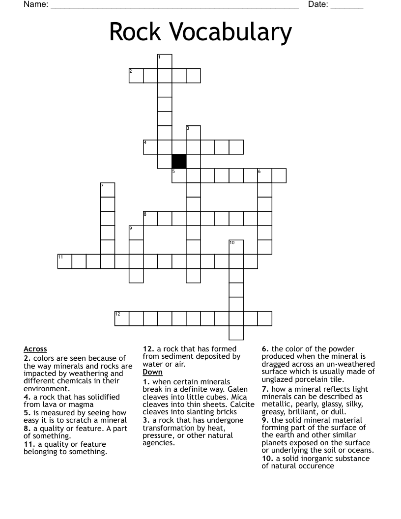 Rock Vocabulary Crossword