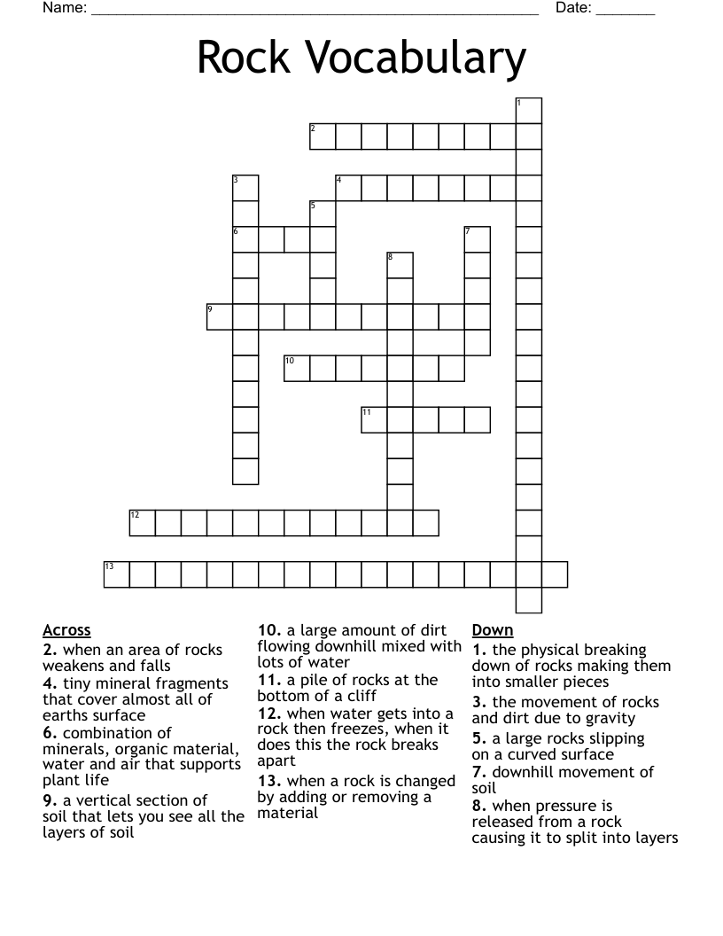 Rock  Vocabulary Crossword