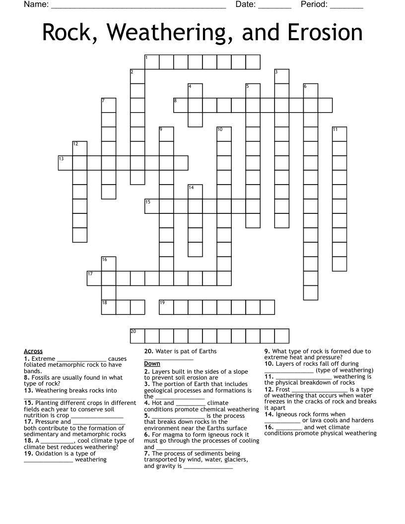 Rock, Weathering, and Erosion Crossword