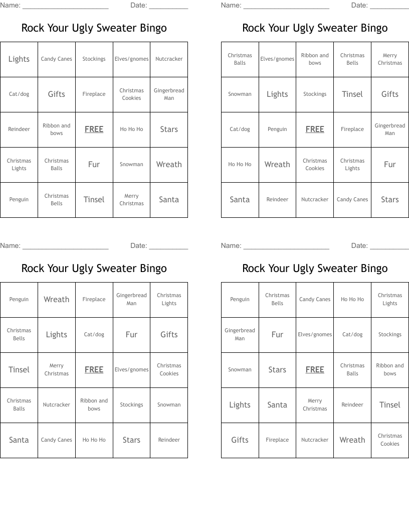 Rock Your Ugly Sweater Bingo