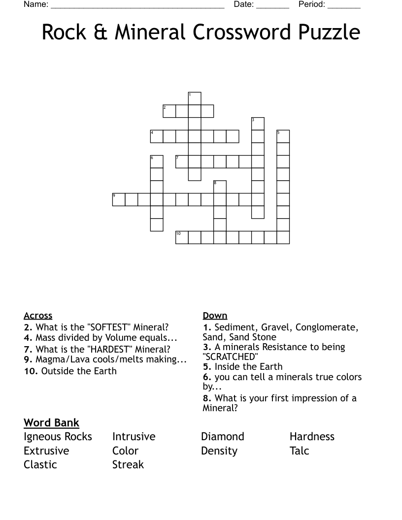 Rock & Mineral Crossword Puzzle