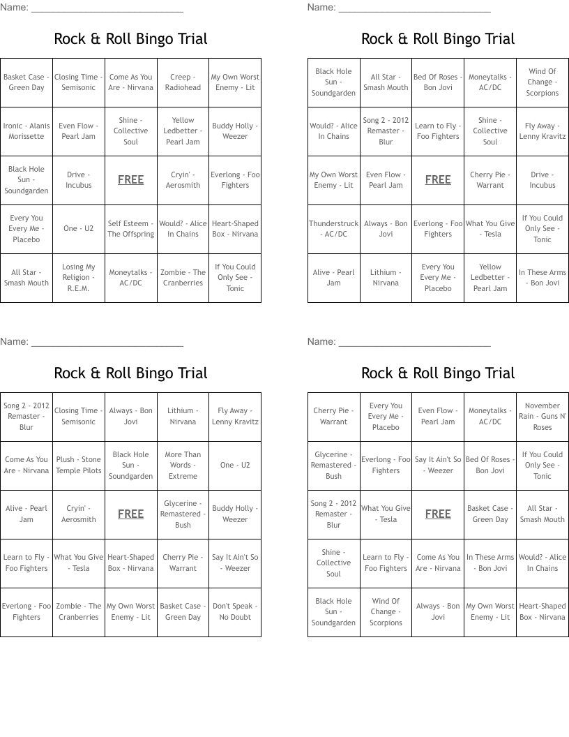 Rock & Roll Bingo Trial