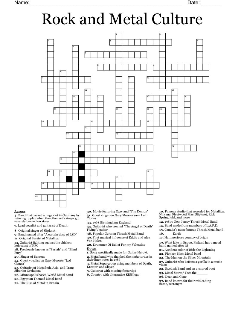 Rock and Metal Culture Crossword